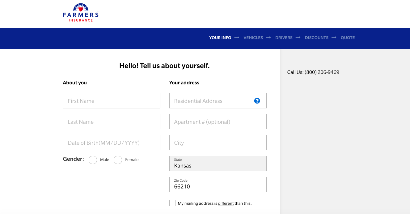 personal info page for farmers obtain a quote
